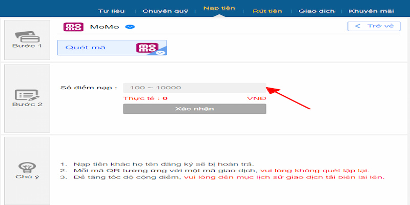 Nạp tiền vào tài khoản cá cược thông qua ví điện tử momo